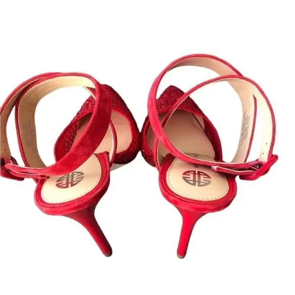 NWT Antonio Melani Red Mesh Sparkle Pointy Front Suede Ankle Strap High Heels - Picture 5 of 7